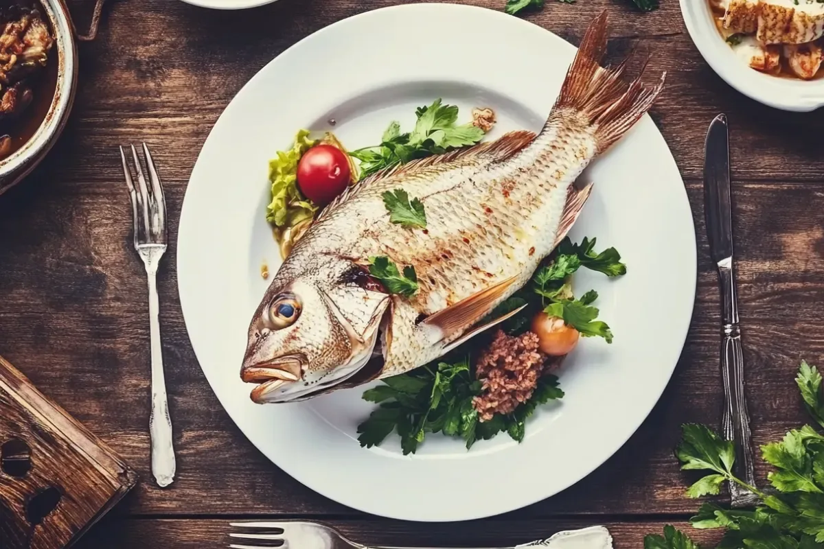 A plated whole snapper garnished with fresh herbs and surrounded by traditional side dishes.