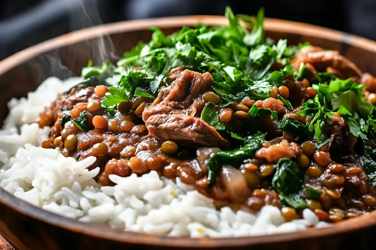 A bowl of lamb, lentils, rice, and spinach garnished with parsley.