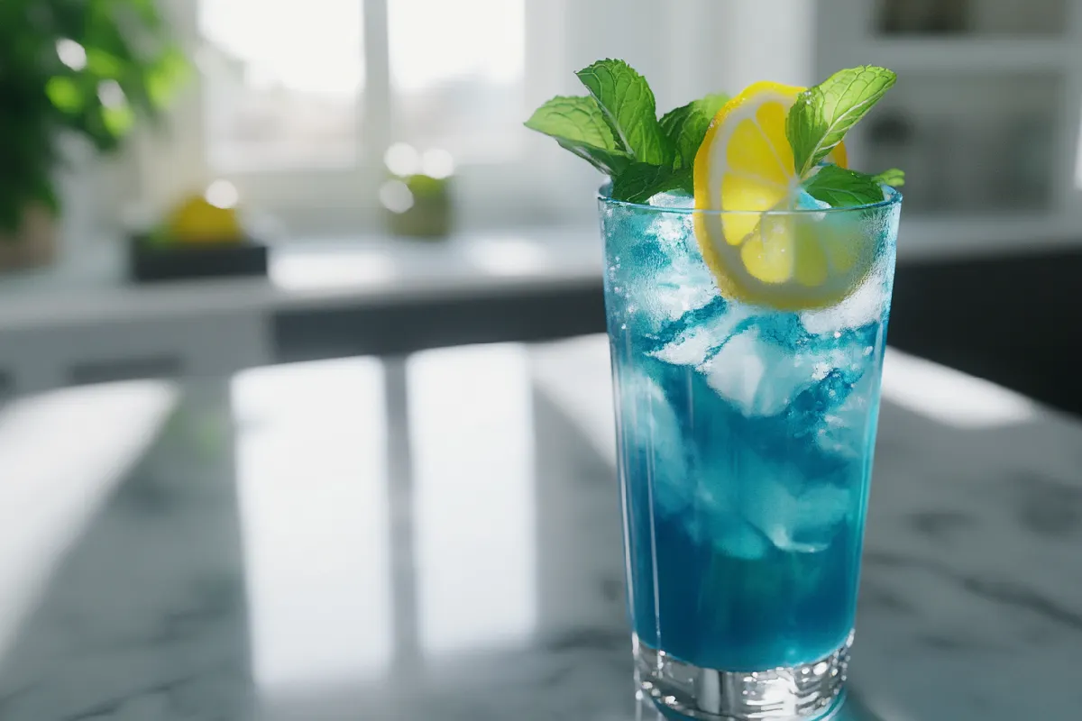 Blue razz drink garnished with mint and lemon on a marble counter