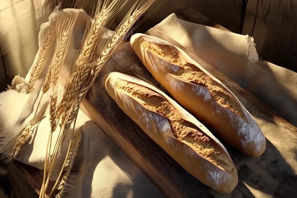 Freshly baked French baguettes on a rustic board