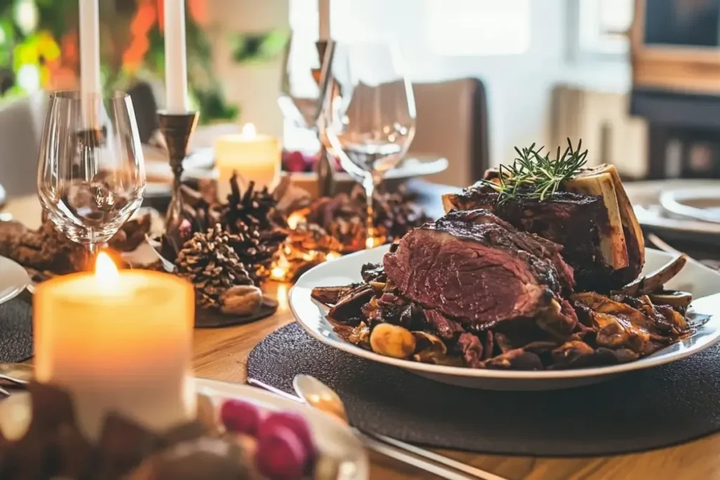 A cozy dinner setting with a plate of beef and red wine.