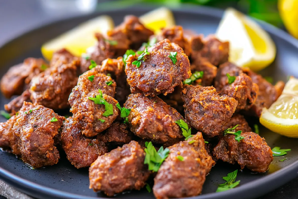 Crispy air-fried chicken livers garnished with parsley and lemon