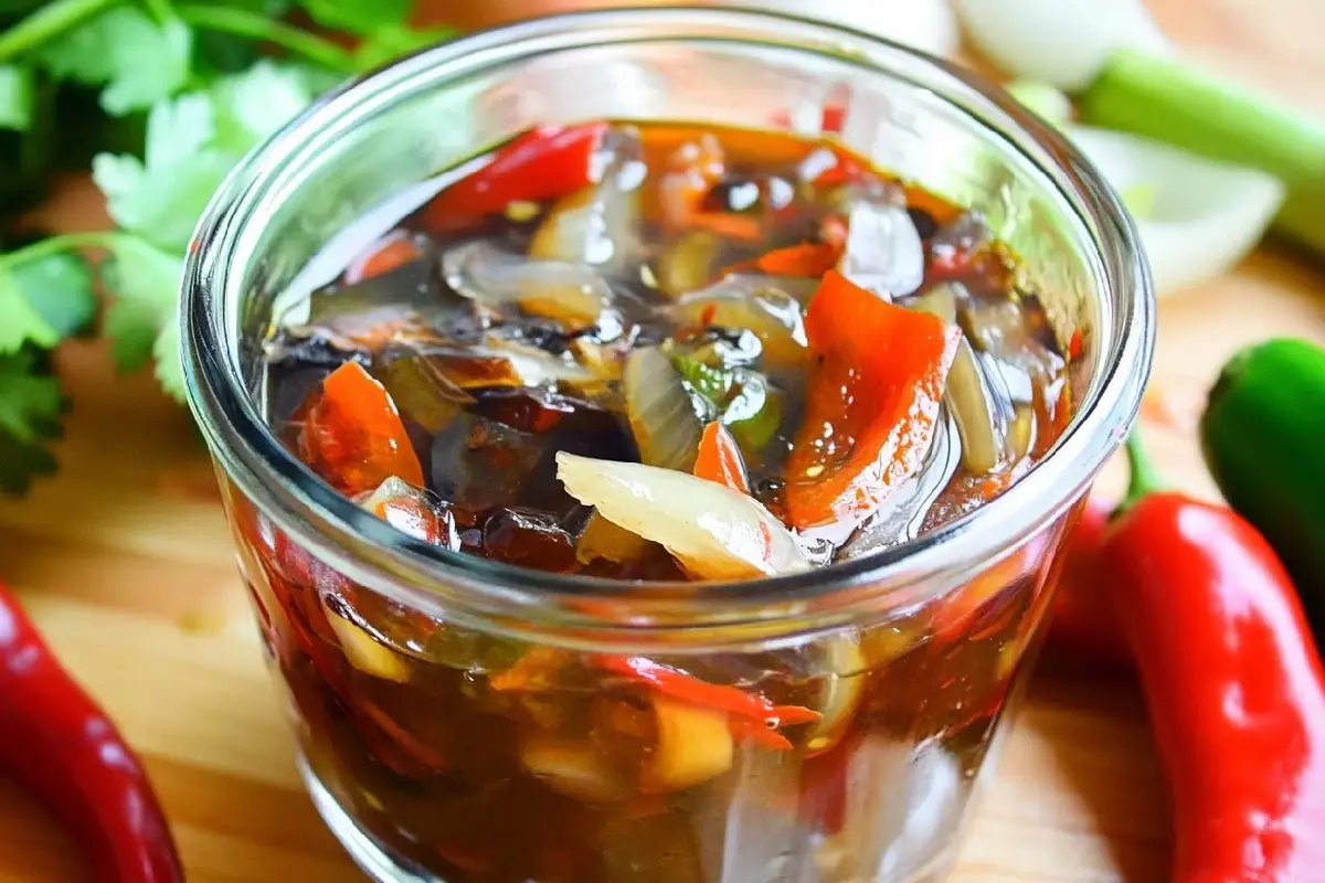 A jar of ají escabeche surrounded by fresh ingredients