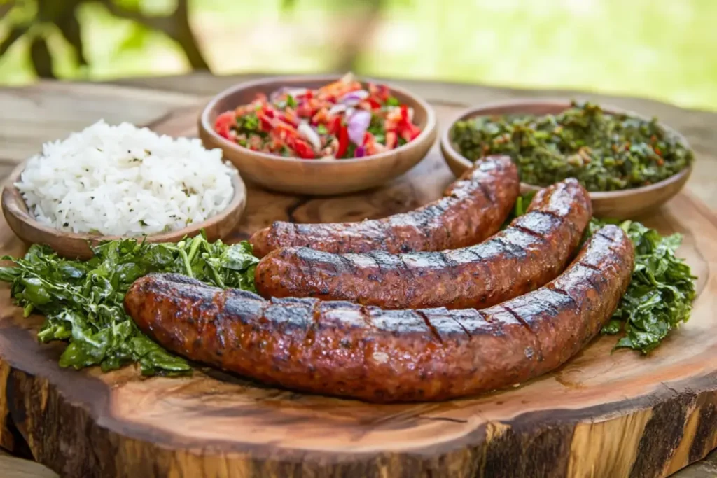 Raw sausage links grilling on a barbecue with smoky char marks