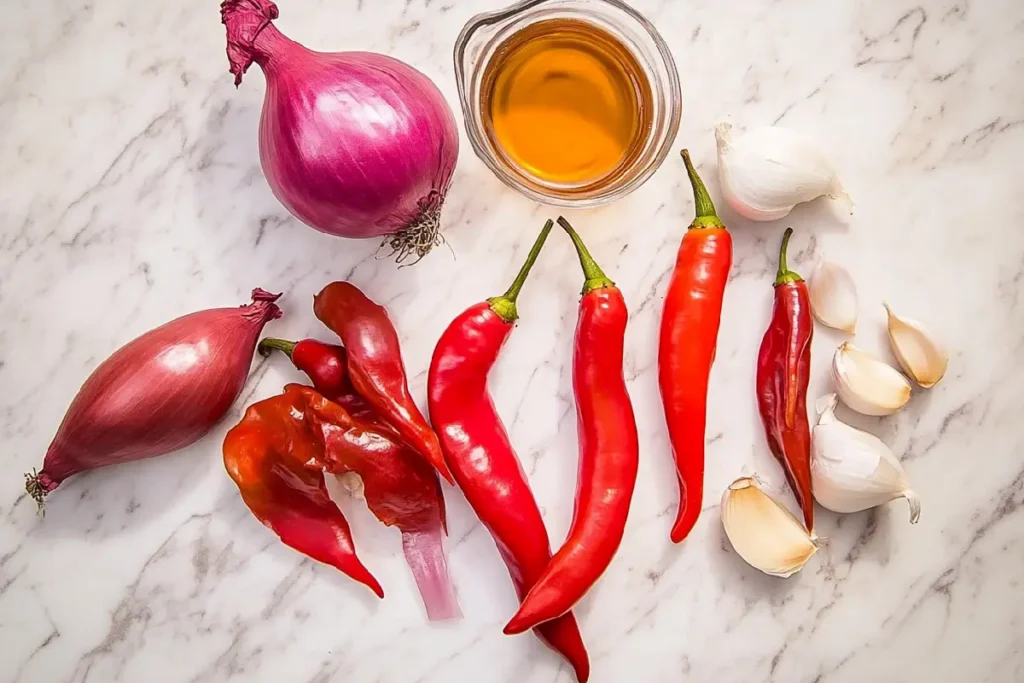 Ingredients for ají escabeche on a countertop.