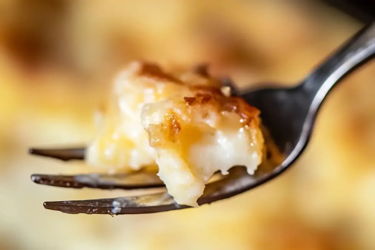 A forkful of scalloped potatoes showing the creamy interior.