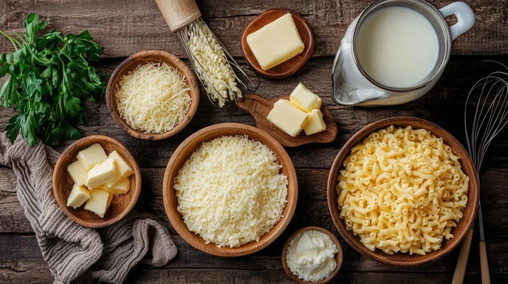  fresh ingredients for homemade 3-cheese mac and cheese