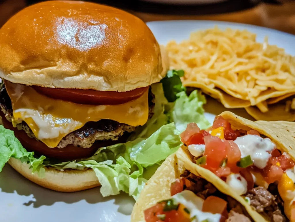 Juicy homemade burger and crispy beef tacos