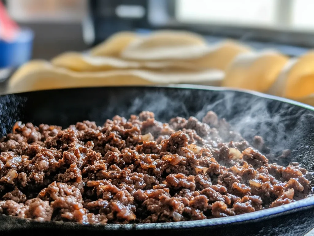 Sizzling ground beef cooking in a cast-iron skillet