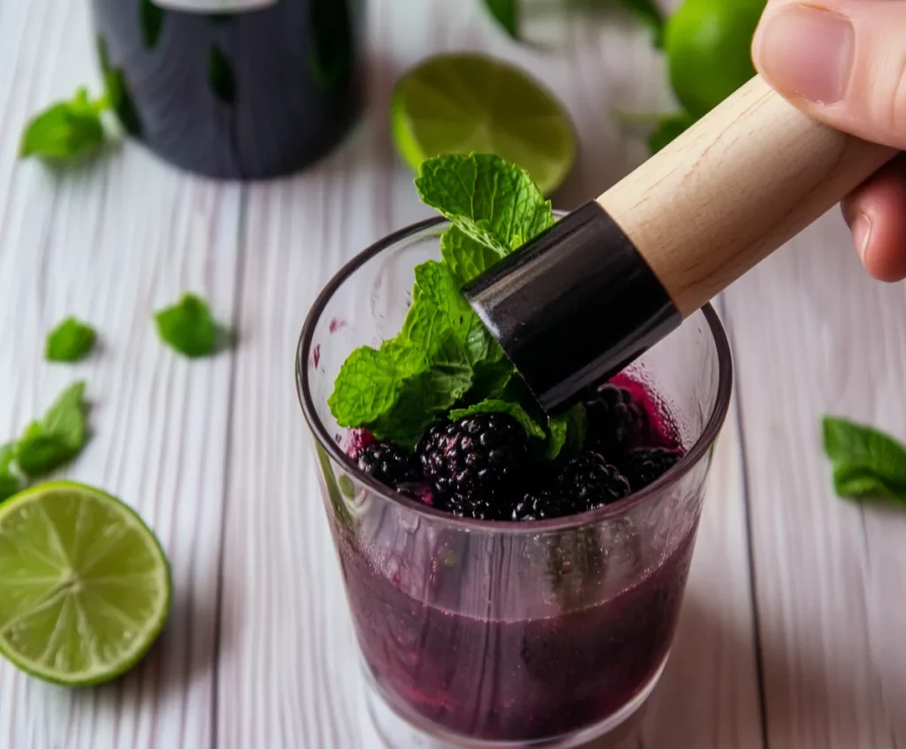 Muddling fresh blackberries and mint for a blackberry mojito