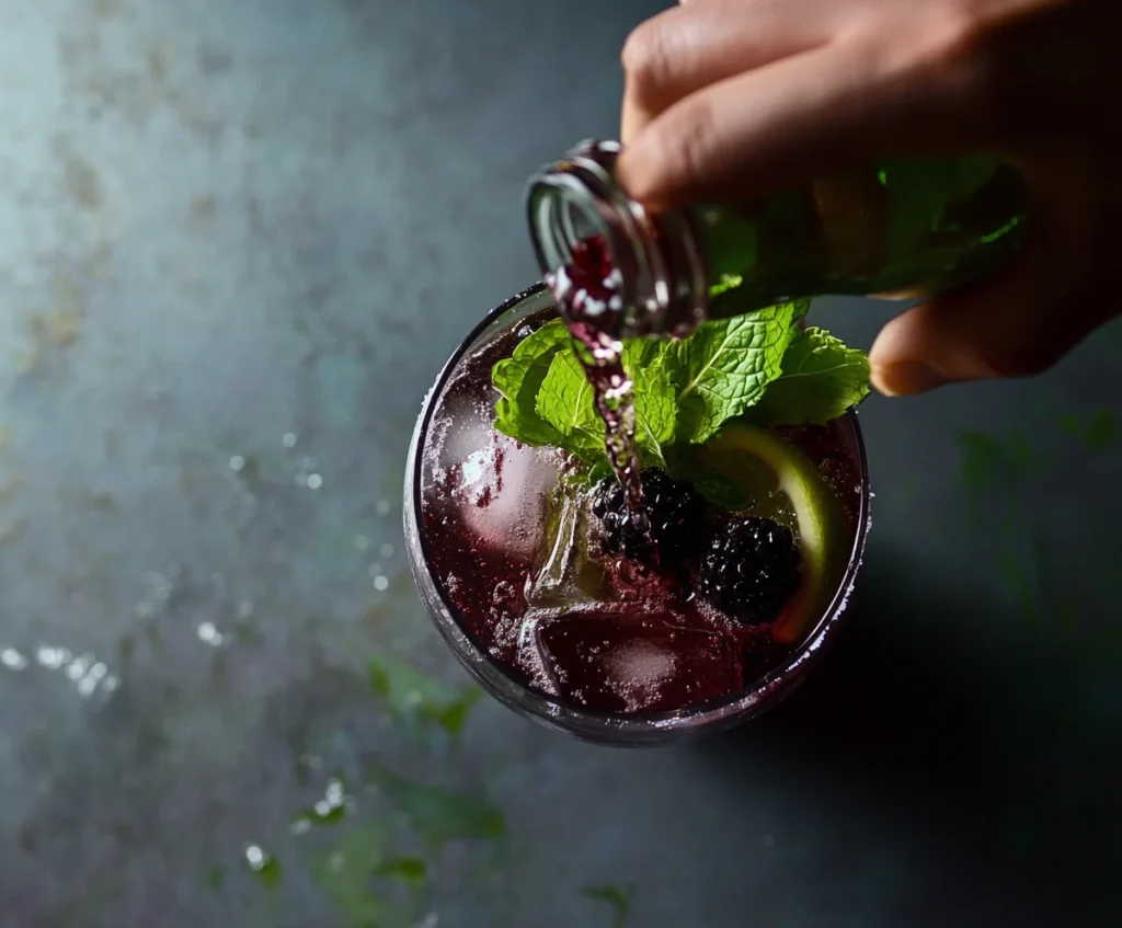 Pouring club soda into a freshly made blackberry mojito